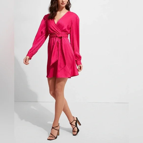 Express Jacquard Satin Tie Waist Long Sleeve Mini Dress - Picture 4 of 8